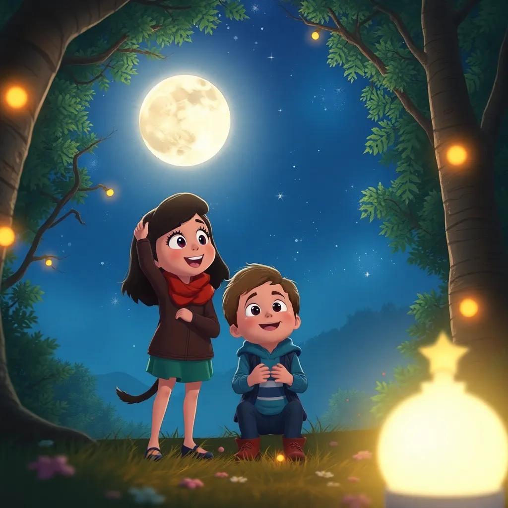 Bella and Charlie excitedly asking Oliver about adventures in the night sky, with moonlight filtering through the trees, creating a cozy atmosphere, digital art, inviting, imaginative, high quality