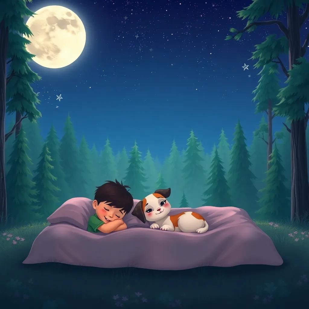 Oliver, Bella, and Charlie settling down for the night, surrounded by a beautiful forest under the moonlight, with dreams of starry adventures in their hearts, illustration, soft colors, tranquil and peaceful, high quality