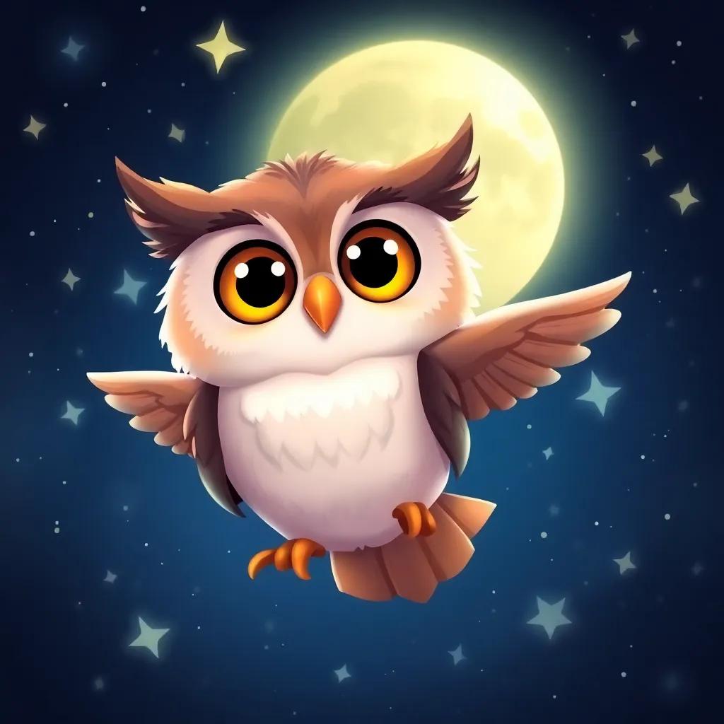 A cheerful owl, Oliver, with big eyes and soft feathers, soaring through a starry night sky, surrounded by twinkling stars and a glowing moon, digital art, vibrant colors, mystical night atmosphere, high quality