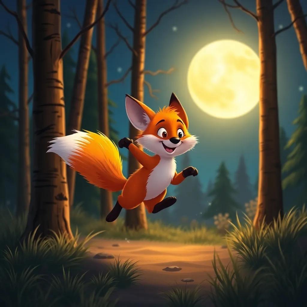 A quick, playful fox with bright orange fur, playfully jumping in the moonlight among tall trees, digital art, warm colors, serene night scenery, delightful view