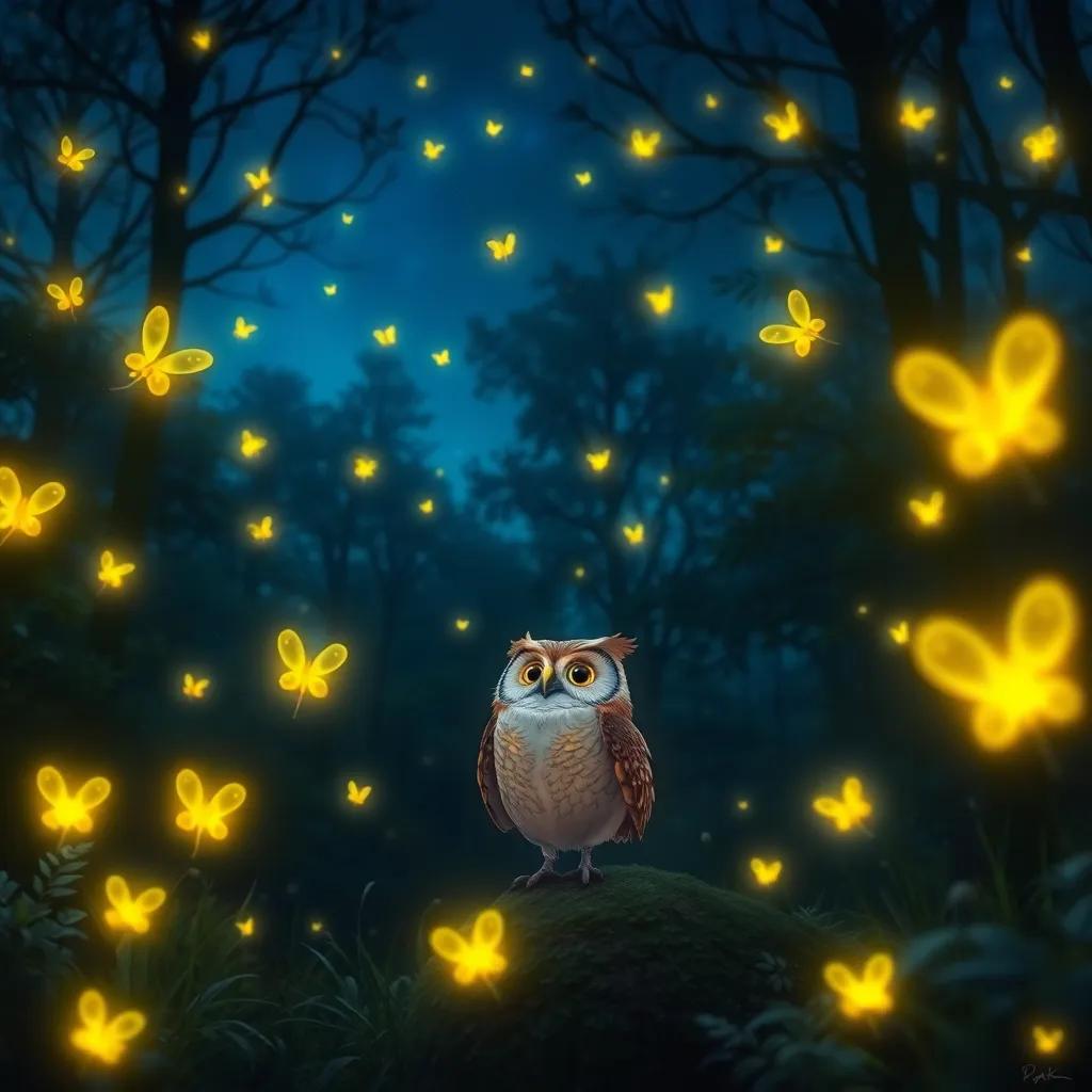 A group of glowing fireflies dancing in the night, illuminating a dark forest, with Oliver the Owl watching in joy, digital painting, magical light effects, enchanted atmosphere, high quality