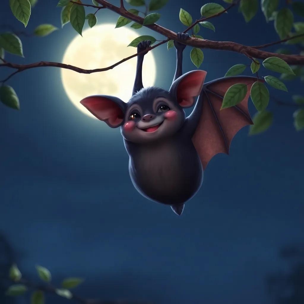 A wise old bat with a friendly smile, humming gently, hanging upside down on a branch in the moonlight, with leaves softly rustling, digital art, calming colors, peaceful night setting, high quality