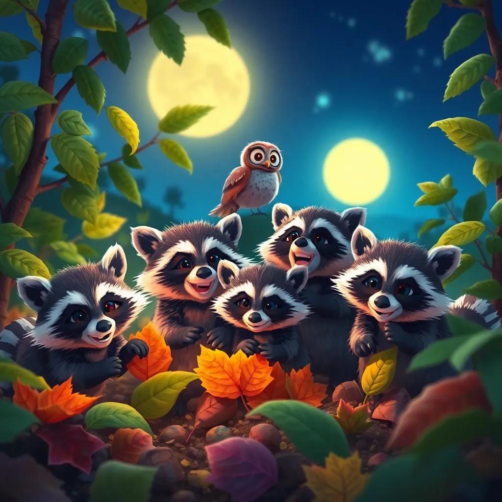 A family of raccoons, playful and happy, digging through leaves under the moonlight, with Oliver the Owl watching them in awe, digital art, colorful and lively scene, joyful ambiance