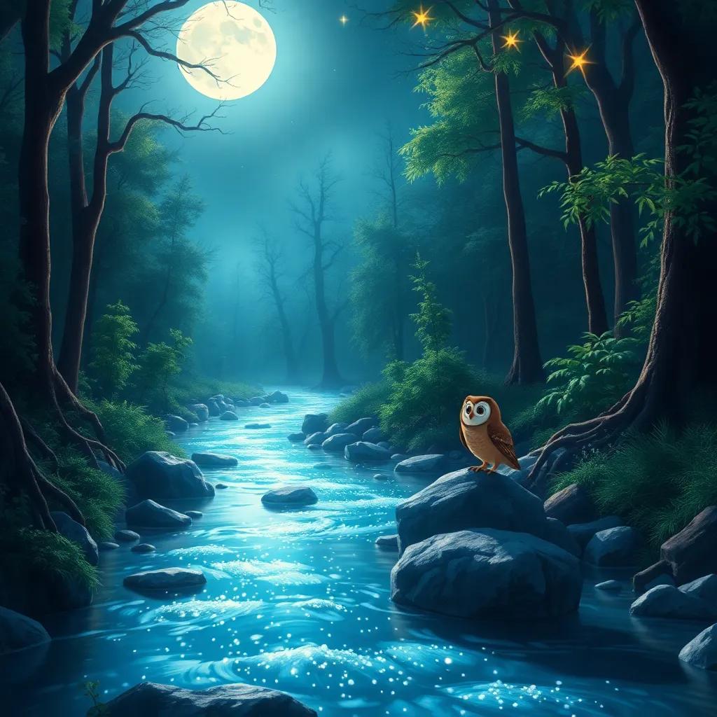 A sparkling stream gently flowing through a dark forest, illuminated by the moonlight and stars, with Oliver the Owl gazing in wonder, digital painting, bright and serene colors, magical atmosphere, high quality
