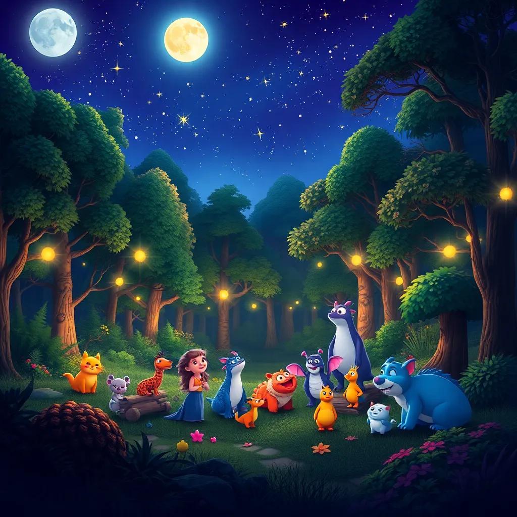 An enchanting forest at night, filled with trees, stars, and moonlight, showcasing a variety of nighttime creatures gathering joyfully, digital art, colorful and vibrant, inviting and magical scene