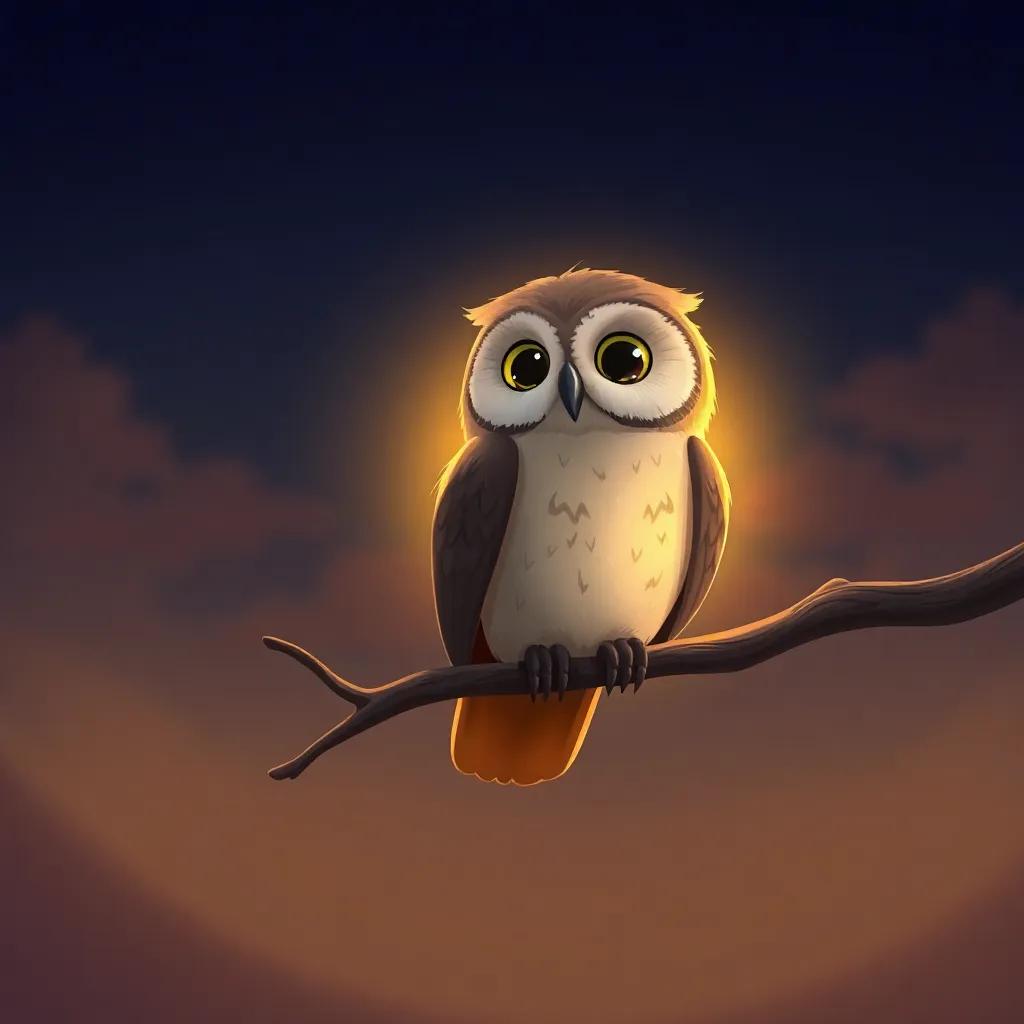Oliver the Owl perched on a branch as dawn breaks, glowing softly under the first rays of the sun, reflecting on his nighttime adventures, digital painting, warm sunrise colors, peaceful and tranquil view, high quality