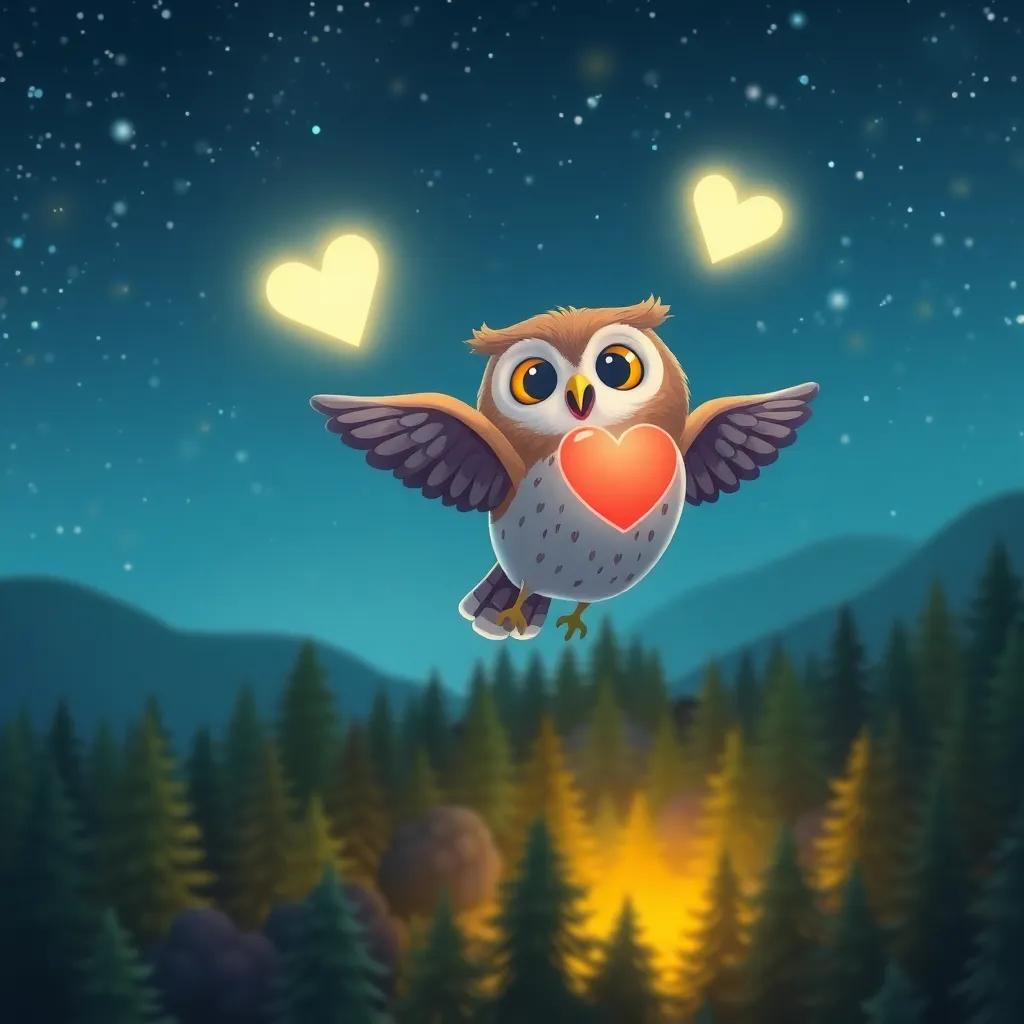 A cheerful owl, Oliver, flying high in the starry sky with his heart full of joy, the forest glowing below him, digital art, whimsical and bright colors, uplifting atmosphere, high quality