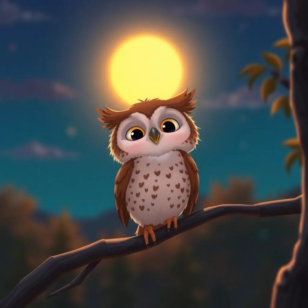 Oliver the Owl smiling contently as he lands back on his branch, the sun rising and embracing the night sky with soft colors, digital art, warm tones, heartwarming scene, high quality