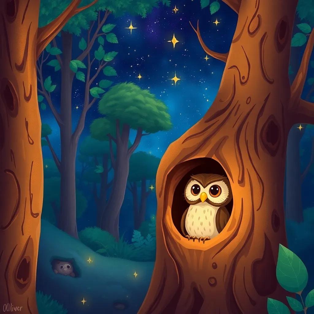 A magical forest with whispering trees and dancing stars in the night sky, a curious little owl named Oliver looking out from his cozy tree hollow, digital art, enchanting colors, whimsical atmosphere, high quality