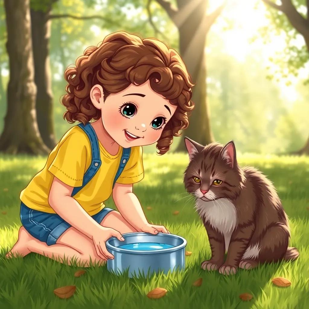 A young girl, Olivia, with brown curly hair in a yellow t-shirt and denim shorts, kneeling on the grass, placing a bowl of food and water for a scraggly cat with sad eyes, sunlight filtering through trees, heartwarming scene, bright colors, engaging perspective, illustration, cheerful, high quality