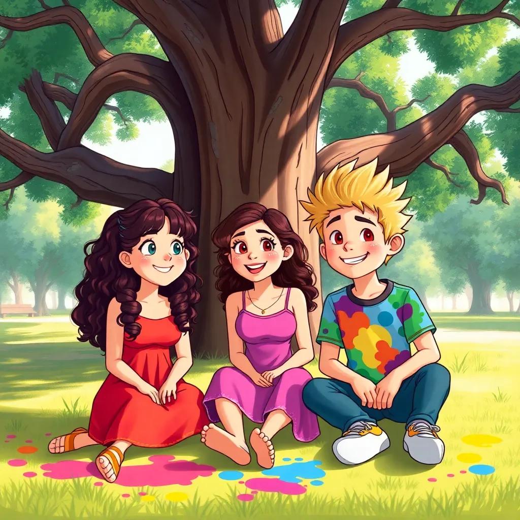Three friends, Olivia, Mia, with long curly hair, bright pink sundress, and Jack, with spiky blond hair and a colorful t-shirt, sitting under a big oak tree in a park, colorful paint splatters around, cheerful and collaborative scene, illustration, cozy, inviting