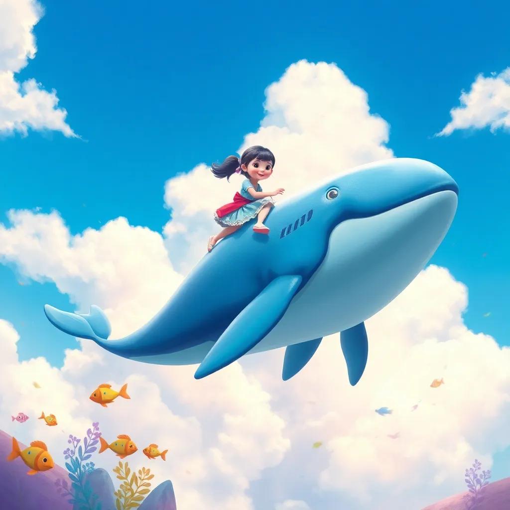 A giant blue whale soaring across a bright blue sky, Olivia riding on its back, surrounded by fluffy white clouds and colorful fish, magical and adventurous scene, digital painting, vibrant colors, whimsical quality