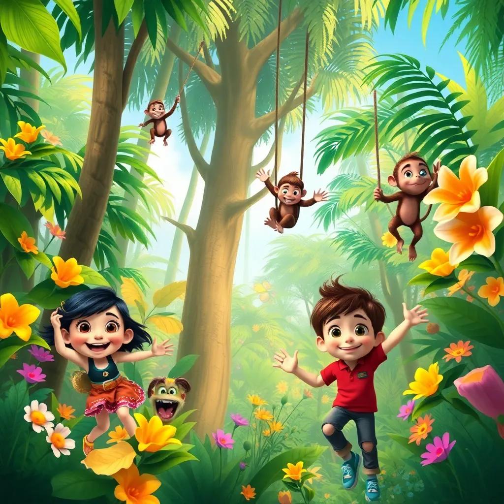 A magical jungle filled with tall green trees, bright flowers, and cute monkeys swinging, Olivia, Mia, and Jack exploring with wide smiles, colorful and lively, showcasing imagination, illustration, rich details
