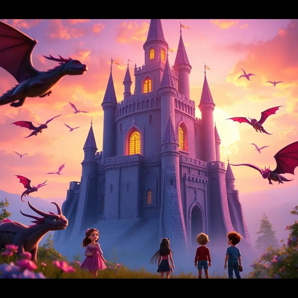 A tall lavender castle shining in the sunset light, surrounded by friendly dragons flying around, Olivia, Mia, and Jack looking amazed, magical and fantastical, vibrant colors, detailed fantasy art, uplifting