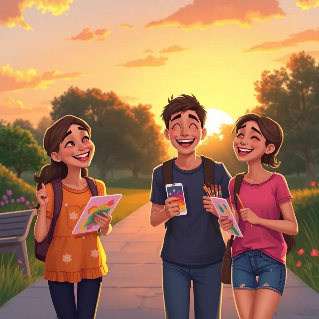 The friends returning to the park, the sun setting in warm hues, with paints and brushes in hand, laughter and joy on their faces, heartwarming scene, colorful, friendly atmosphere, digital art, cheerful