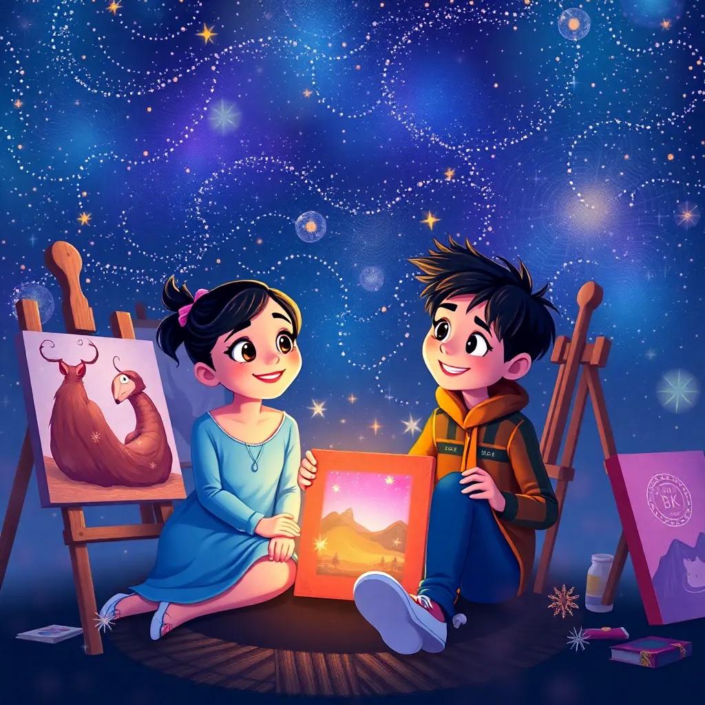A starry night sky, Olivia, Mia, and Jack sitting together, surrounded by their paintings, sparkles and magic in the air, close friendship and imagination, illustration, colorful, enchanting
