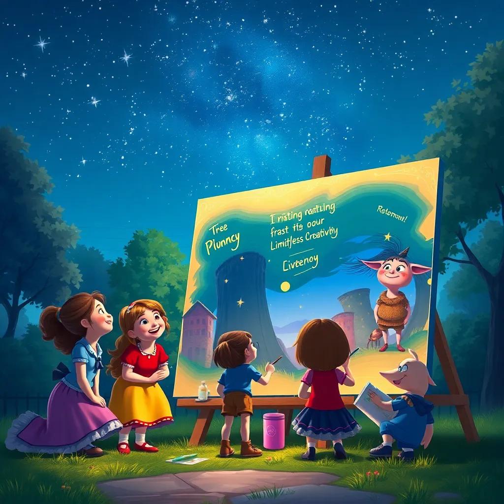 Olivia and her friends gathered at the park, smiling and painting on a large canvas under a starry sky, the canvas displaying their past adventures and limitless creativity, digital painting, vibrant and lively, uplifting