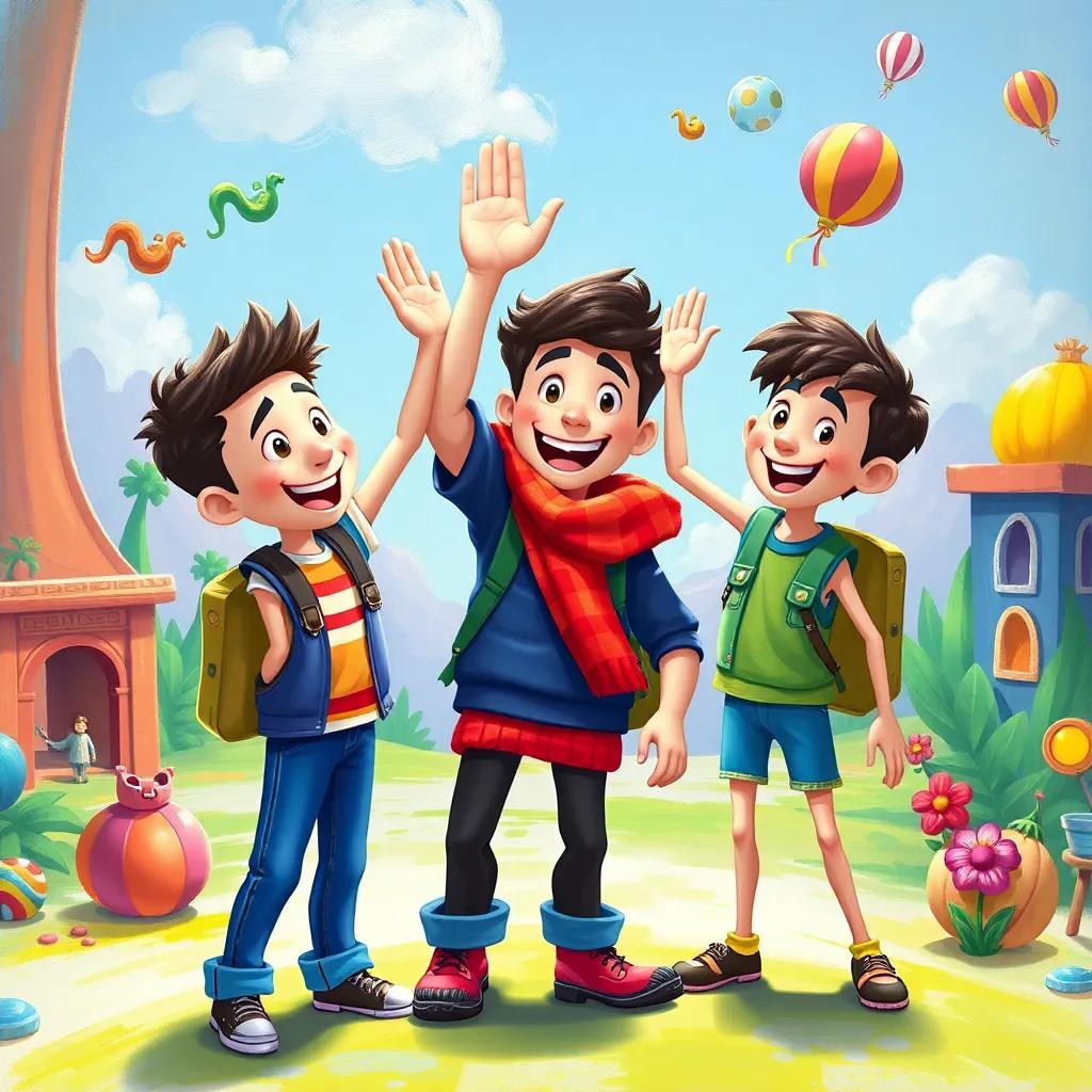 The trio high-fiving each other, with painted creations around them, showcasing their colorful adventures, joyful and creative atmosphere, digital art, vibrant colors, playful