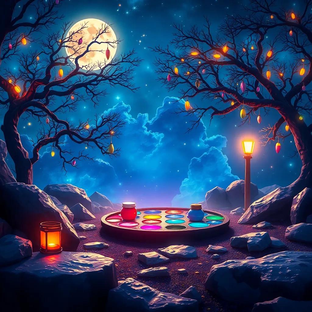 A magical palette of paints glowing in the moonlight, inspiring creativity and adventure, with the promise of more journeys ahead, enchanting scene, photographic-style digital art, shiny and inviting