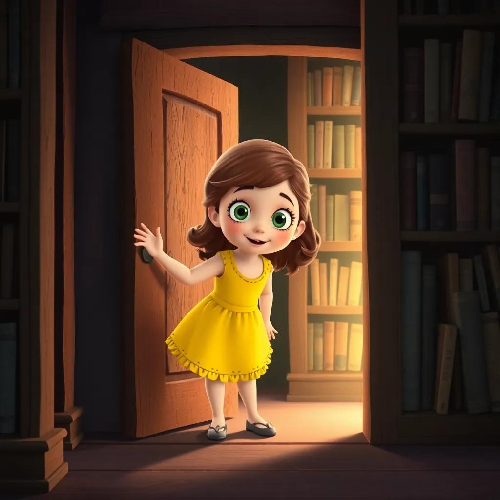 Olivia, a young girl with wavy brown hair wearing a bright yellow dress, pushing open an old dusty door behind a bookshelf, surprise on her face, magical light glowing from the hidden library, whimsical style, inviting scene