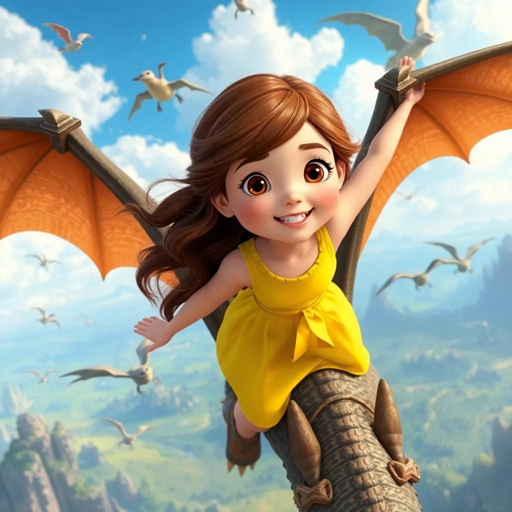 A young girl, Olivia, with wavy brown hair in a bright yellow dress, flying high in the sky on a dragon, surrounded by magical creatures, breathtaking landscape, adventure-themed illustration, thrilling atmosphere