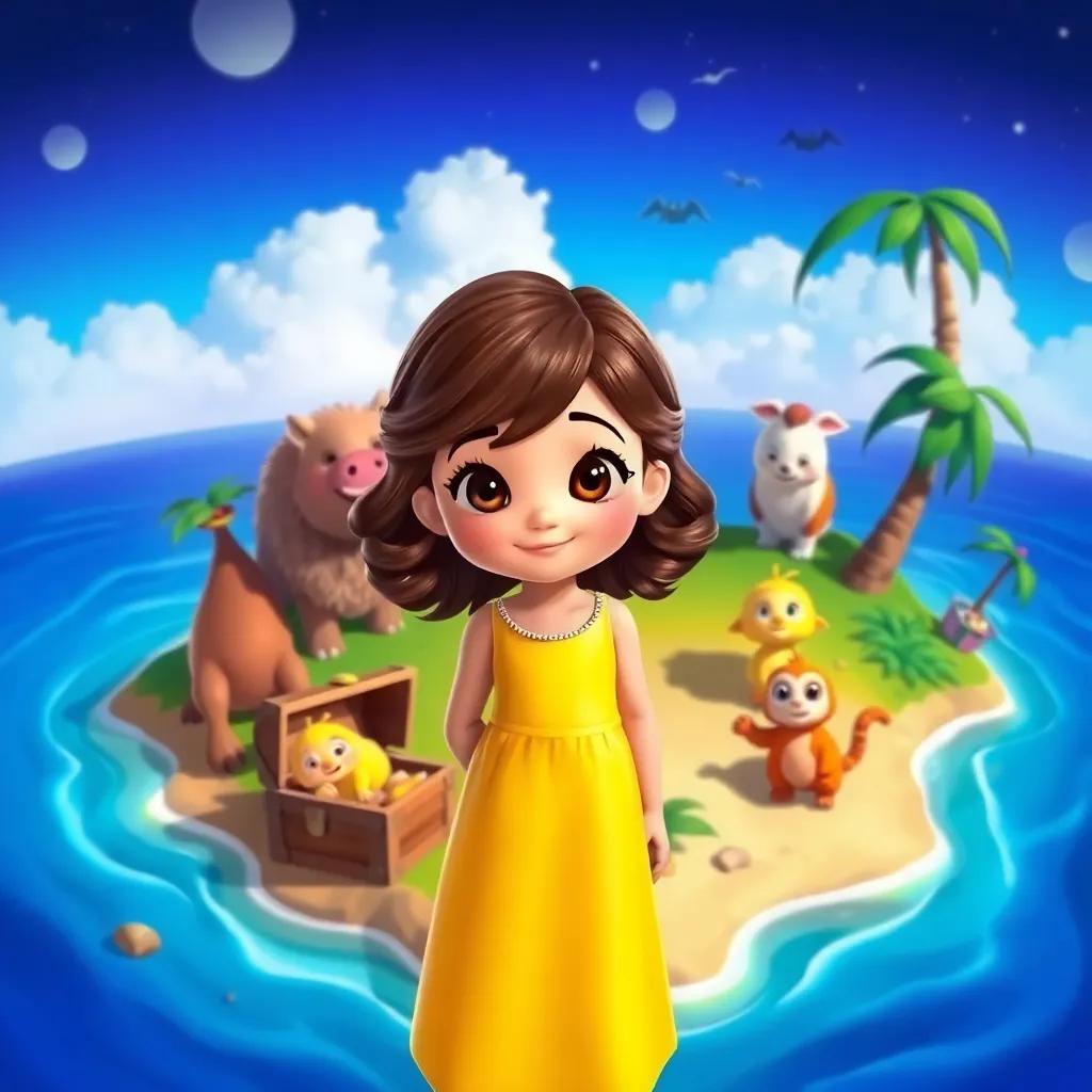 Olivia, a young girl with wavy brown hair in a bright yellow dress, standing on a mysterious island with talking animals, treasure chest, vibrant colors, lively atmosphere, animated style