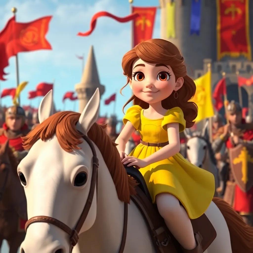 A young girl, Olivia, with wavy brown hair in a bright yellow dress, riding a gentle horse in a castle tournament, knights cheering, colorful banners flying in the wind, dynamic scene, exciting vibe