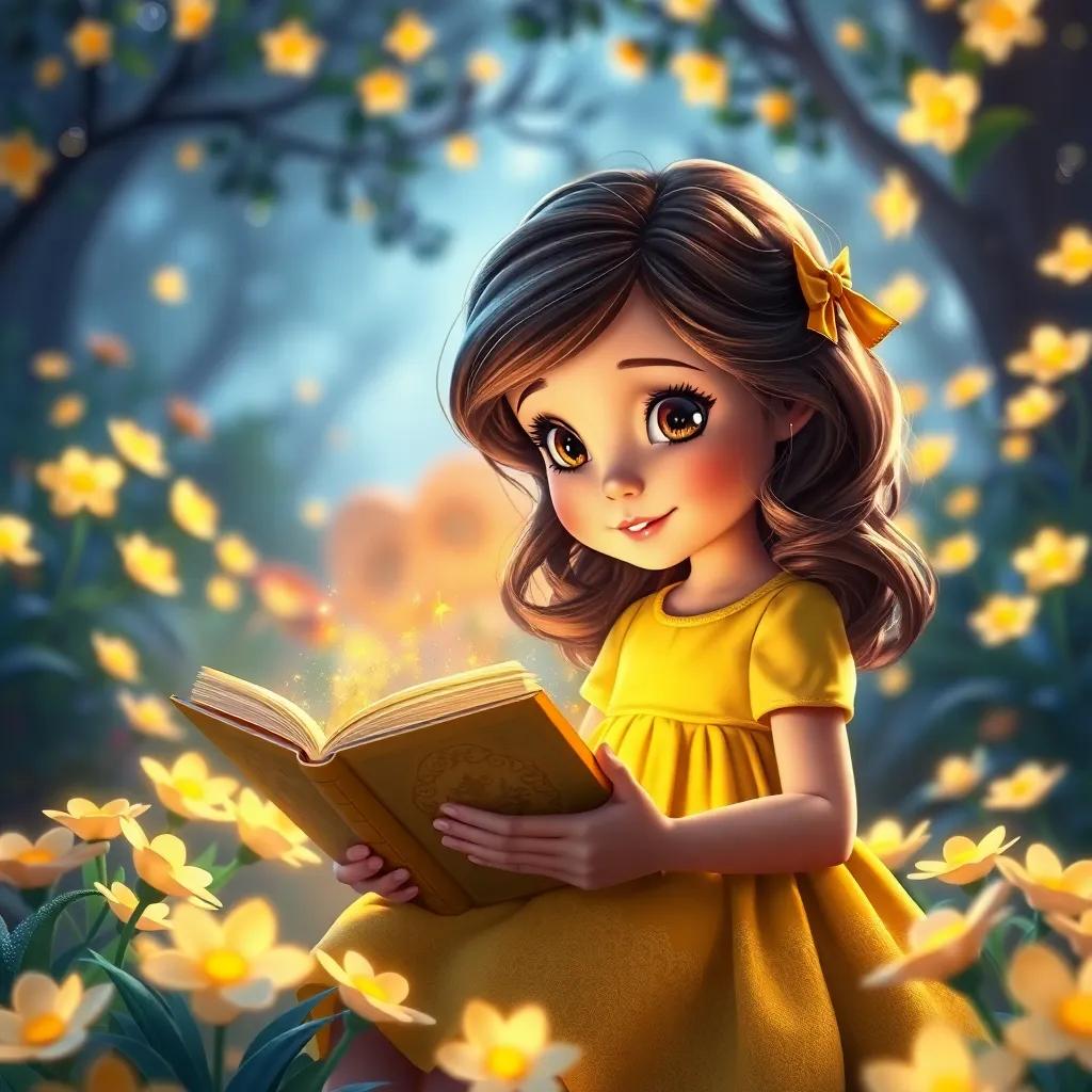 Olivia, a young girl with wavy brown hair in a bright yellow dress, discovering a big golden book in a beautiful garden, glowing flowers all around, magical ambiance, sparkling aesthetic