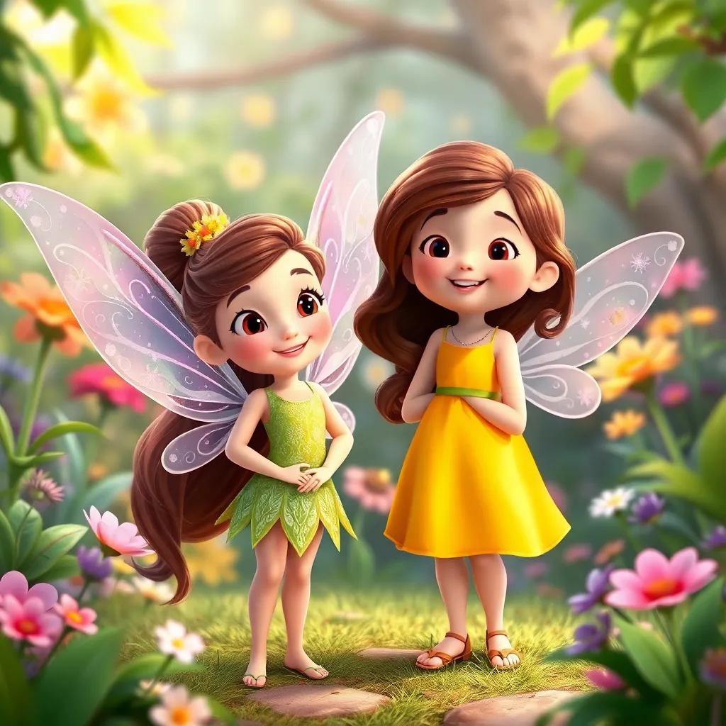 Lila the fairy, with sparkling wings and a warm smile, standing next to Olivia, a young girl with wavy brown hair in a bright yellow dress, playing in a magical garden, joyful atmosphere, fantasy illustration
