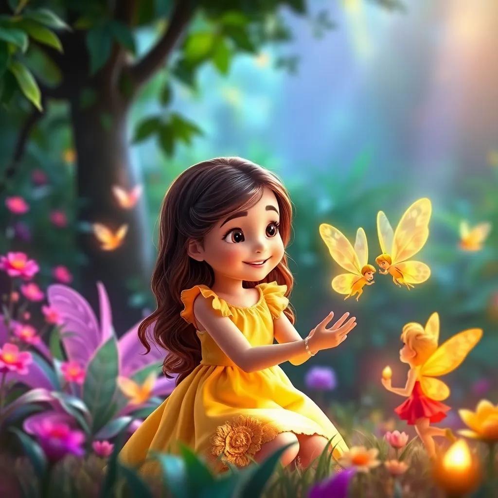 Olivia, a young girl with wavy brown hair in a bright yellow dress, playfully interacting with a group of fairies in a garden, colorful glow and soft light, heartwarming scene, enchanting art