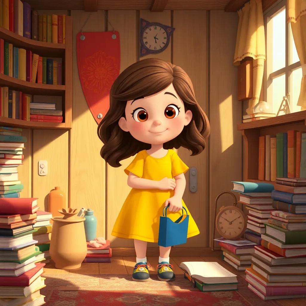 A cozy corner where Olivia, a young girl with wavy brown hair in a bright yellow dress, returns home from her adventures, surrounded by all her favorite books, warm and nostalgic atmosphere, inviting digital art