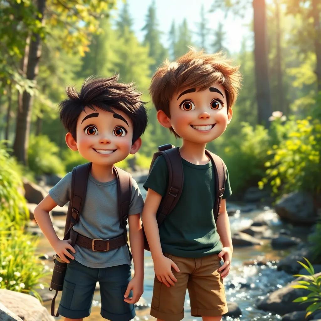 Two adventurous boys, Ollie and Nash, near a sparkling brook in a lively forest, wearing casual clothes, cheerful expressions, bright sunlight, digital art, vibrant colors, nature, high quality