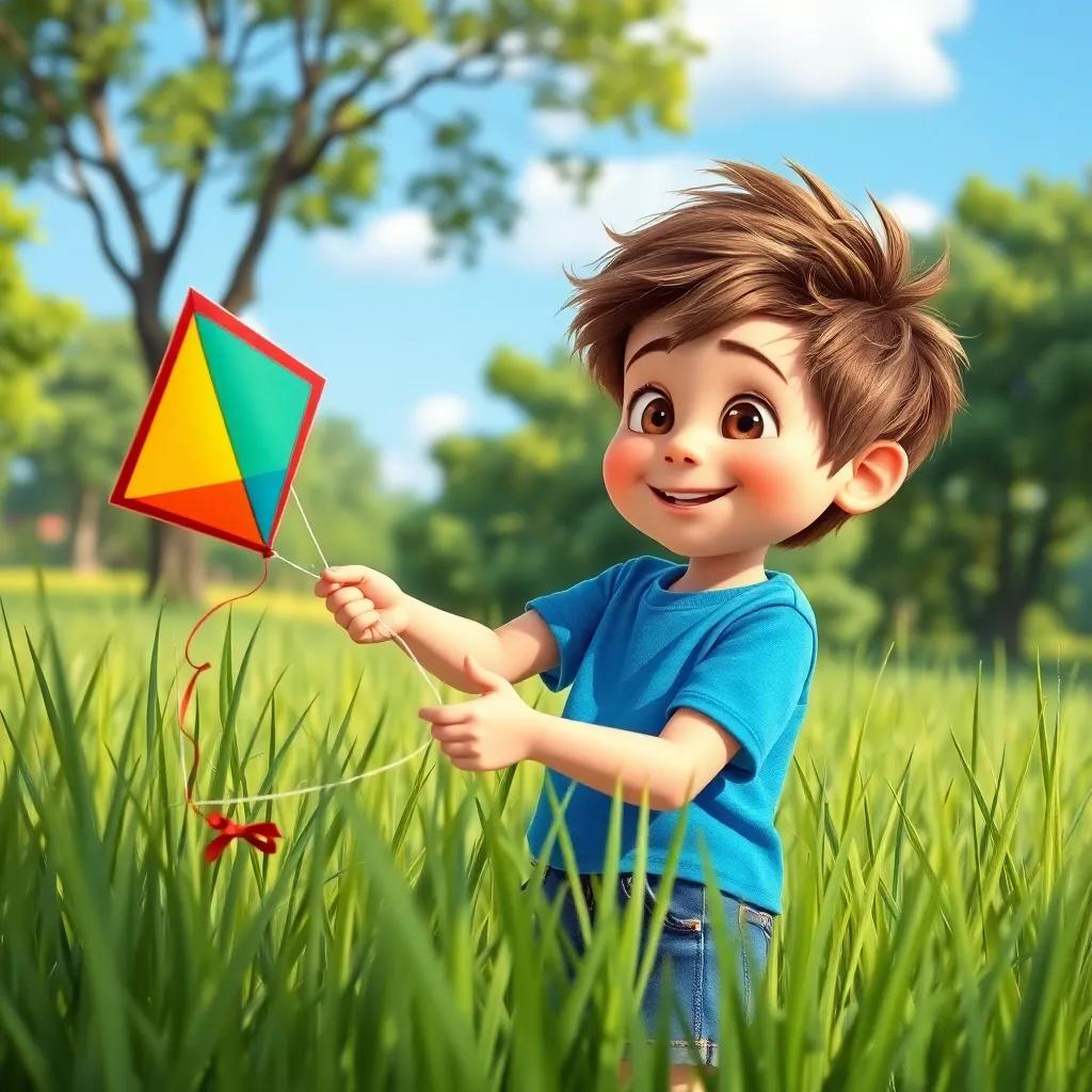 A young boy, Ollie, with tousled brown hair, wearing a bright blue t-shirt and denim shorts, discovering a colorful kite stuck in tall grass, park background, cheerful, sunny day, vibrant colors, digital art, inviting atmosphere, high quality