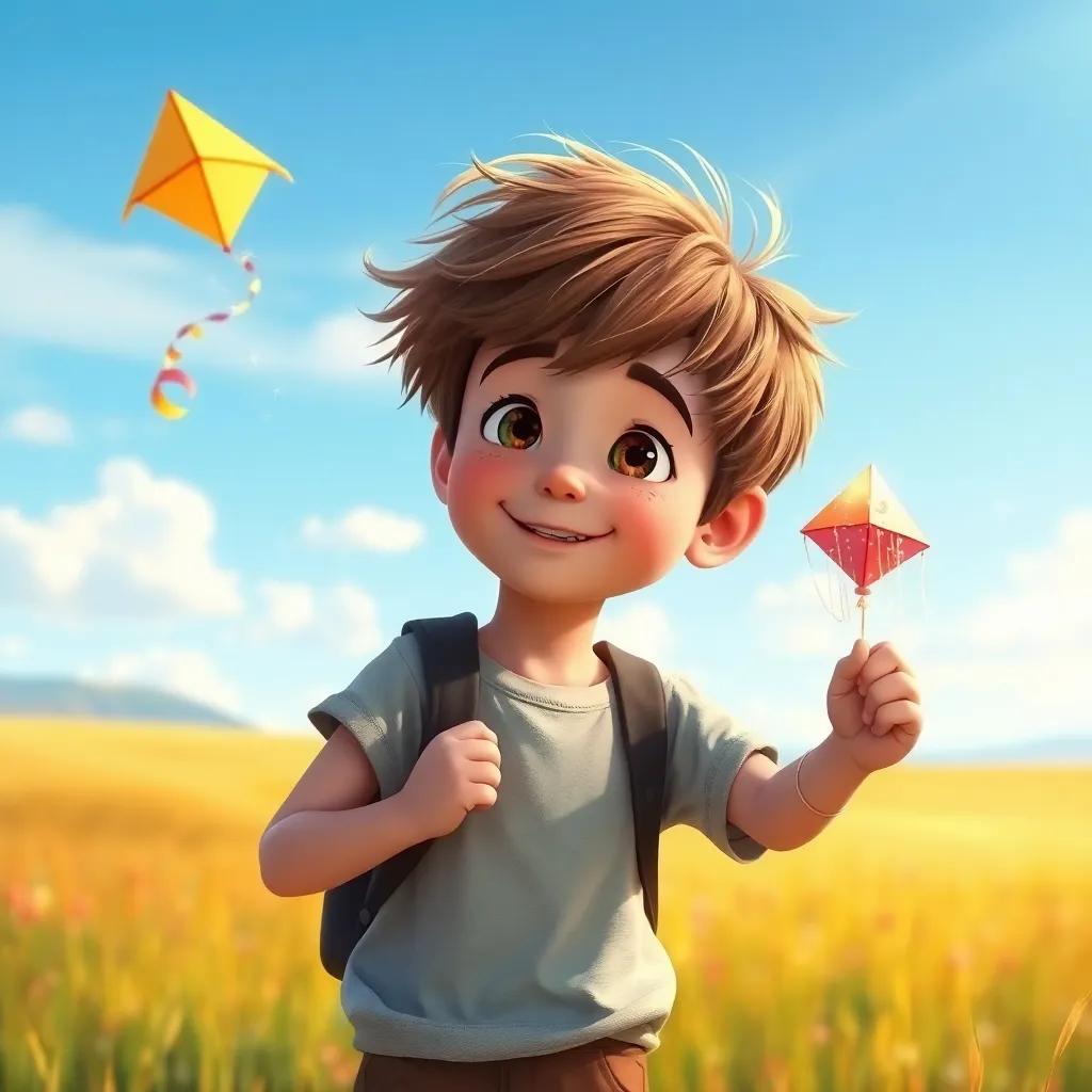Ollie, a young boy with tousled brown hair, holding the sparkling kite as it whispers to him, open field background, colorful and lively scene, digital painting, bright colors, high quality