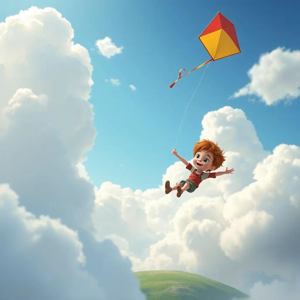 Ollie, a young boy with tousled brown hair, flying into the sky holding the kite, surrounded by fluffy white clouds, with the ground shrinking below, adventure-themed, digital art, magical atmosphere, high quality