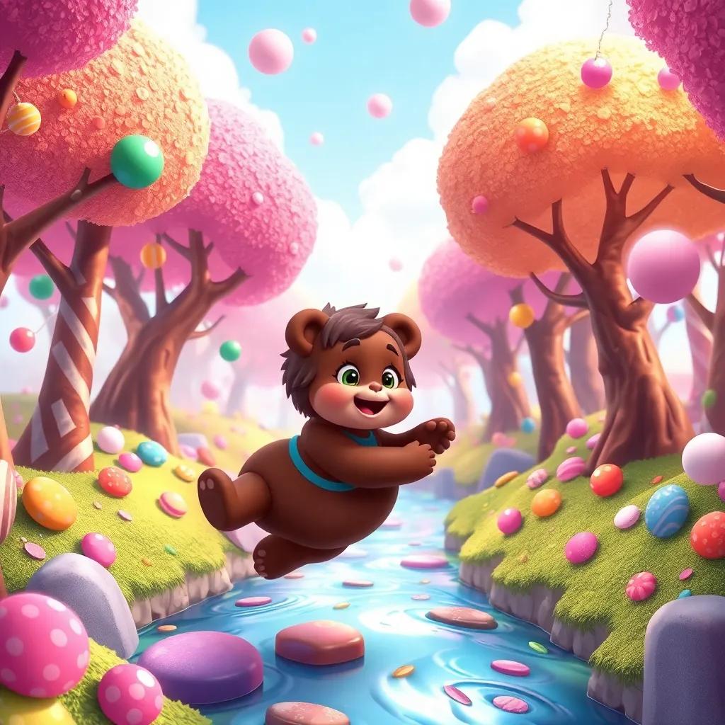Ollie landing softly in Sweet Land, with candy trees and chocolate rivers, meeting Choco Bear, a friendly bear made of chocolate, colorful, whimsical scene, digital illustration, enchanting vibe, high quality