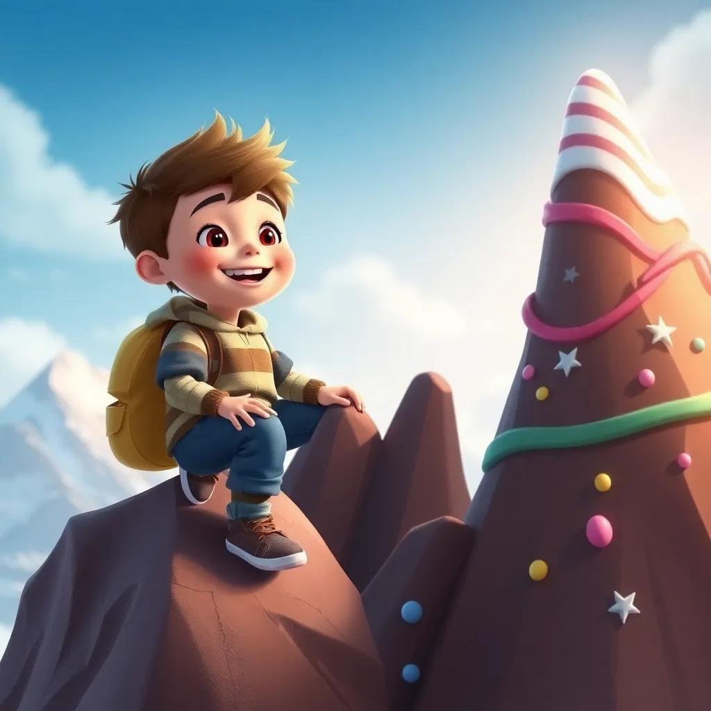 Ollie, a young boy, climbing the tallest candy mountain with Choco Bear, they both smile brightly, sweet and fun atmosphere, cartoon style, high quality