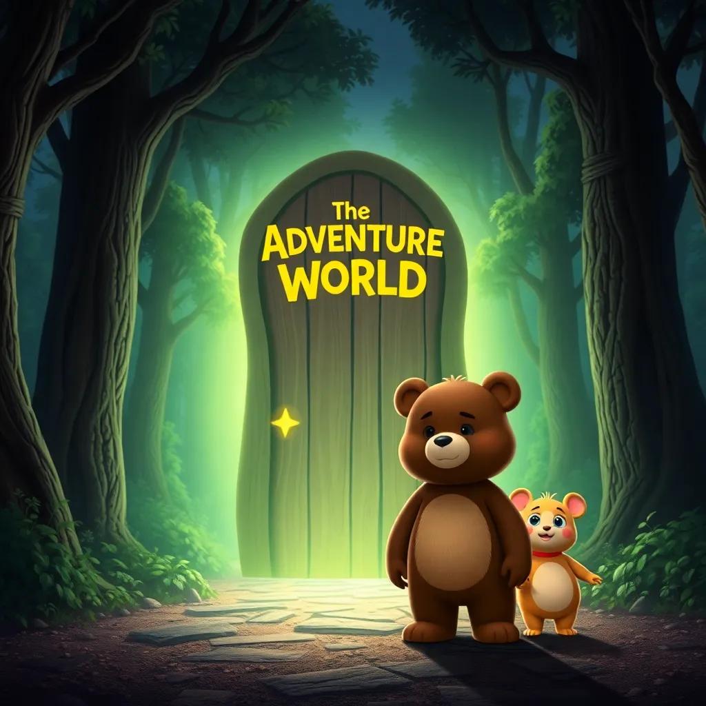 Choco Bear and Ollie standing in front of a magical glowing door, leading to Adventure World, forest background with whispering trees, mysterious and adventurous atmosphere, high quality
