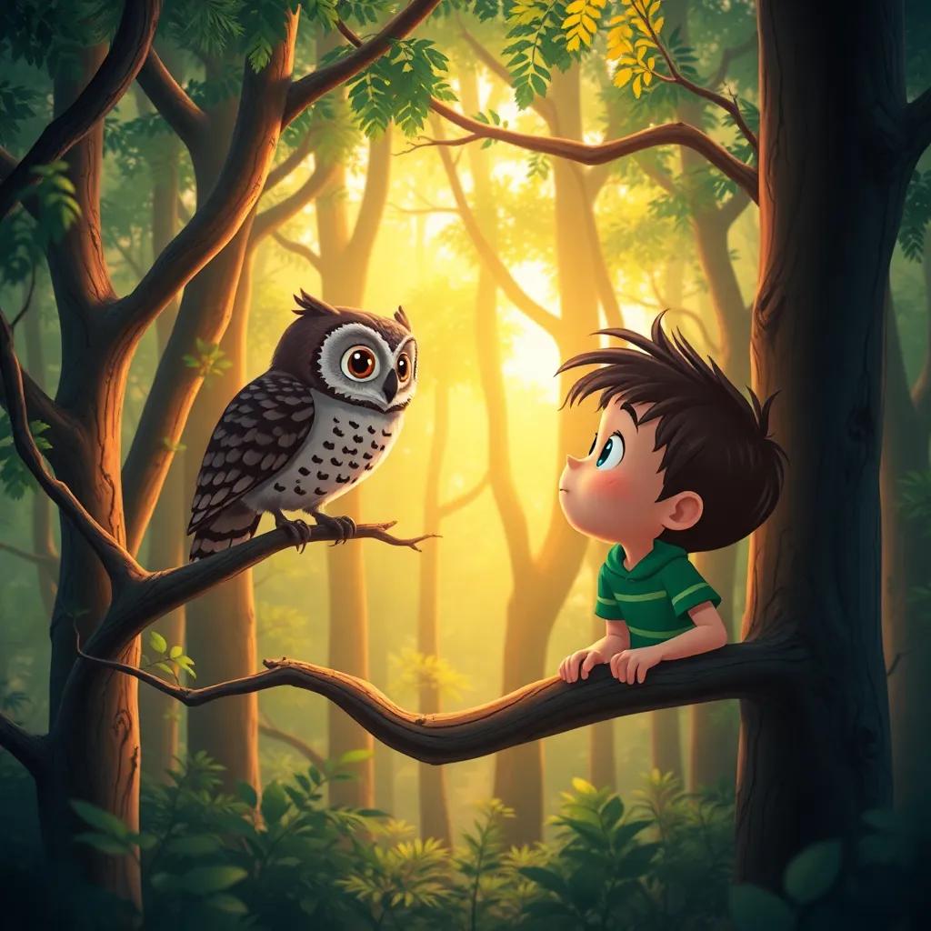 Ollie talking to a wise owl, who sits on a branch, forest filled with trees whispering secrets around them, warm light filtering through, deep and colorful scene, high quality