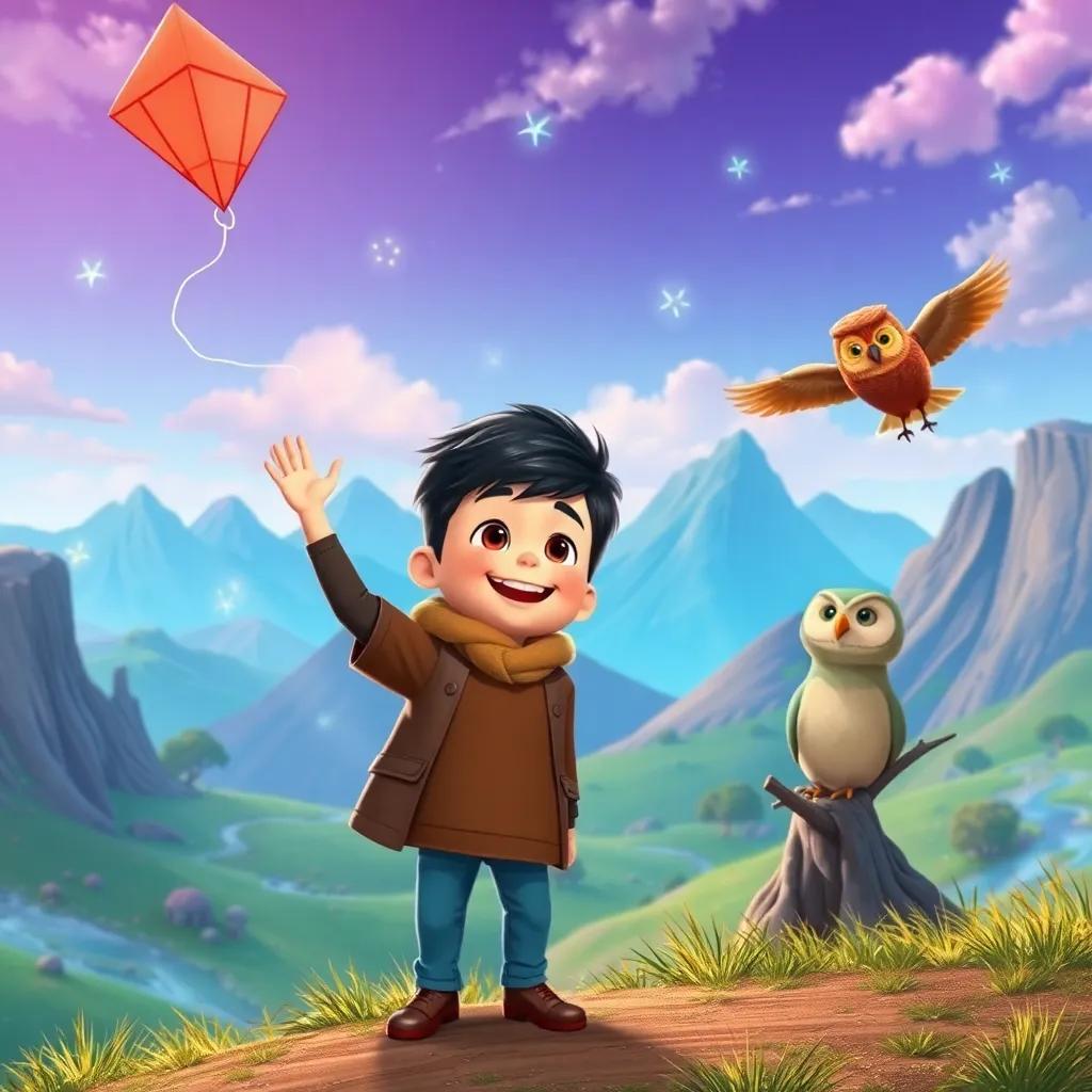 Ollie looking happy as he waves goodbye to Choco Bear and the wise owl, magical landscapes behind him, kite gently tugging him home, bright colors, heartwarming scene, high quality