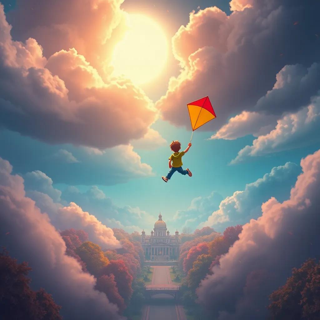 Ollie floating back through the clouds, holding the kite as he returns home, the park appearing below him, magical and uplifting atmosphere, vibrant colors, high quality