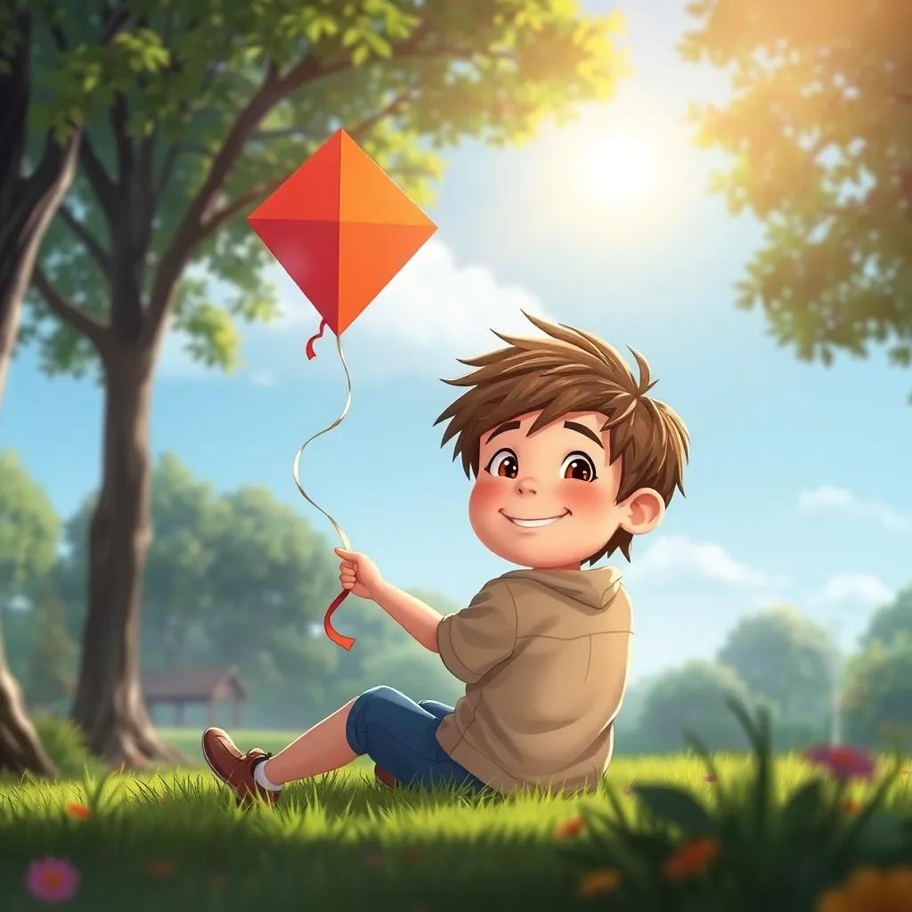 Ollie, a young boy with tousled brown hair, sitting happily back in the park, holding the magic kite, the sun shining brightly above, cheerful and playful, digital art, heartwarming scene, high quality