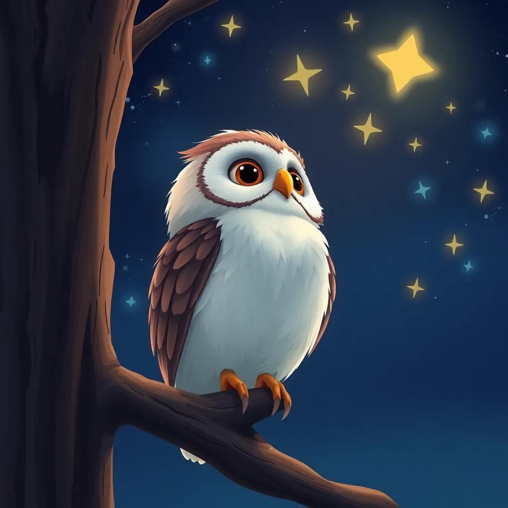 A wise and bright owl named Ollie with soft feathers, perched on a tall tree branch, looking up at twinkling stars in the dark sky, detailed illustration, night scene, vibrant colors, enchanting atmosphere, high quality