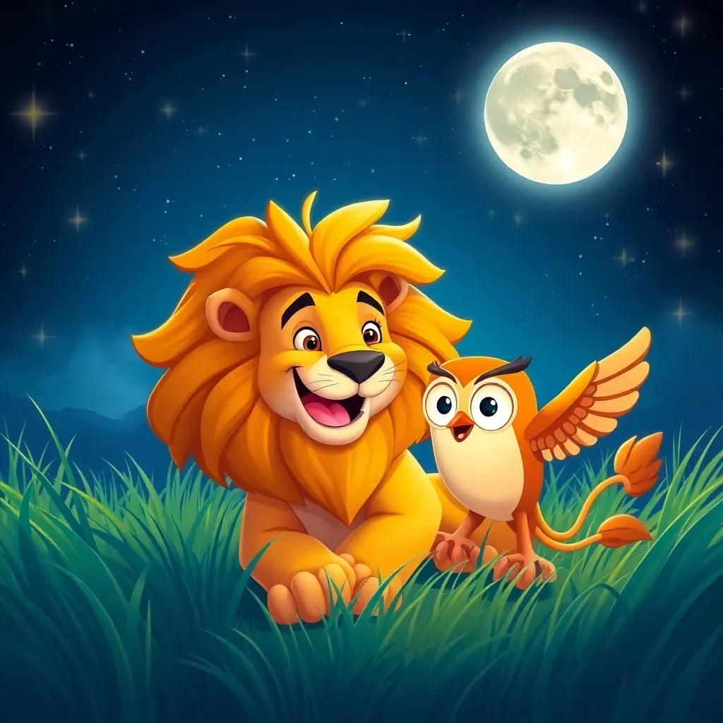 A strong and brave lion named Leo with a golden mane, playing happily in the grass with Ollie the owl, surrounded by a sparkling full moon and shining stars in the night sky, cheerful scene, bright colors, magical friendship, high quality