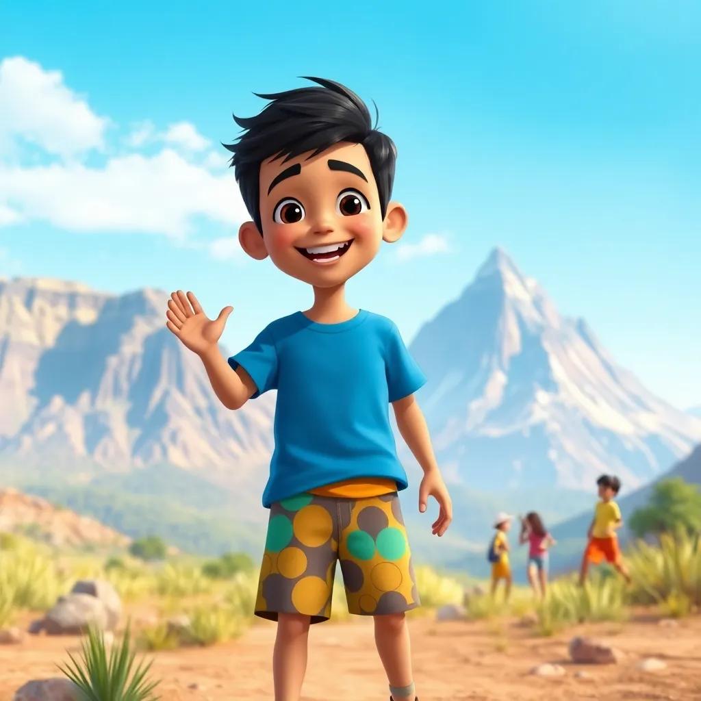 A cheerful Omani boy named Samir, with short black hair, wearing a blue t-shirt and colorful shorts, playing with friends near a magical mountain, under clear blue skies, digital art, vibrant colors, joyful atmosphere, kid-friendly, high quality