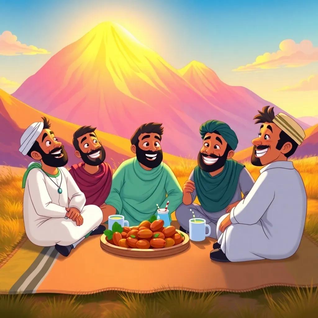 Samir and his friends having a picnic on a blanket, with dates and mint tea, laughing together, surrounded by a colorful mountain glowing in the sunlight, illustration, cheerful, bright colors, friendly scene, high quality