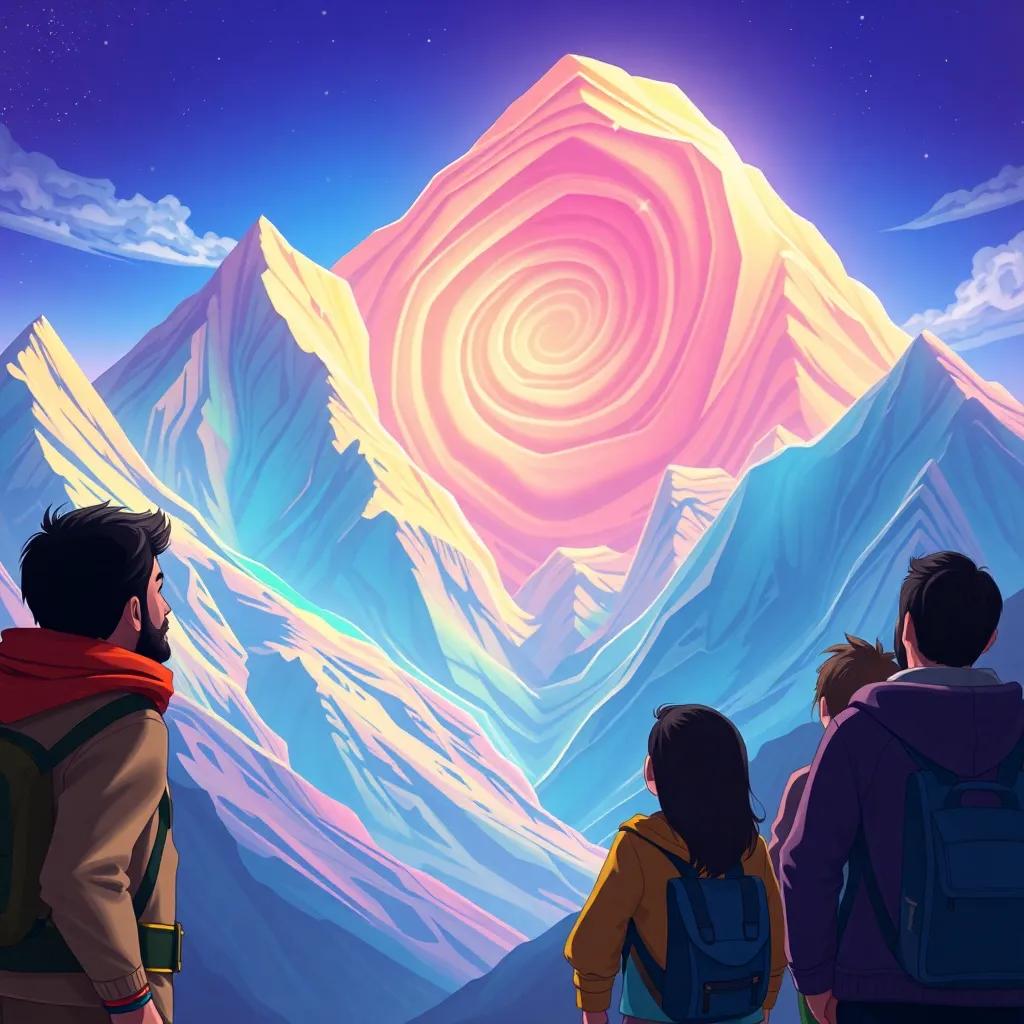 Samir pointing at a giant swirl pattern on the mountain, his friends looking amazed, vibrant mountain lines changing colors in the light, digital painting, lively, adventure-themed, high quality