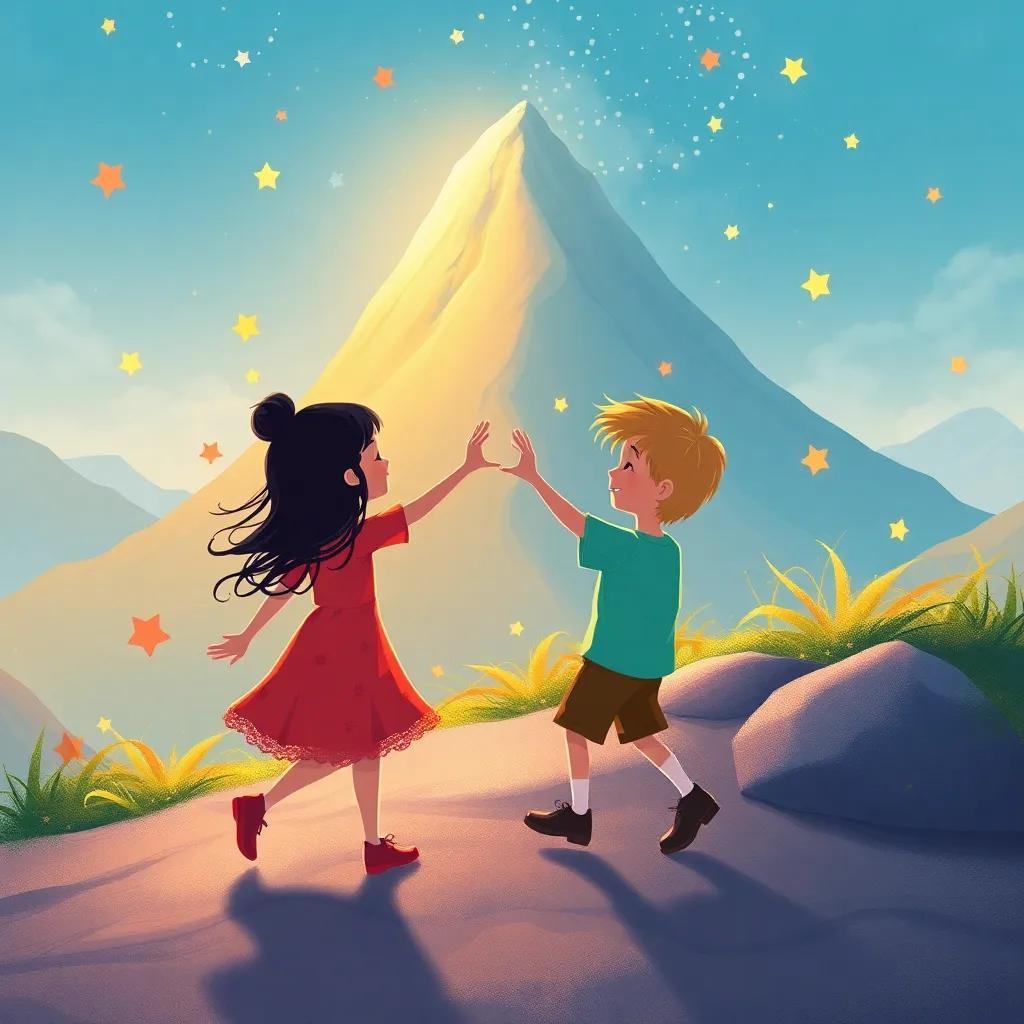Children dancing around the base of the mountain, holding hands, swaying to a soft melody, colorful patterns swirling around them, illustration, magical atmosphere, movement and joy, high quality