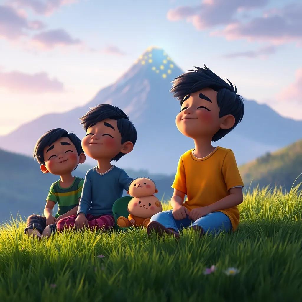 Samir and friends sitting on the grass, eyes closed, listening to the whispers of colors, the mountain glowing softly, digital art, peaceful, imaginative, child-friendly atmosphere, high quality