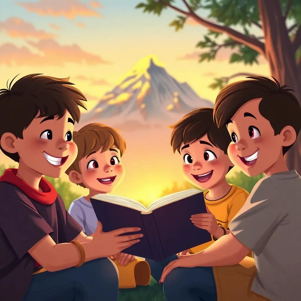 Children telling a story together, smiling and engaged in their creativity, the mountain in the background glowing in the evening light, illustration, warm colors, inviting scene, high quality